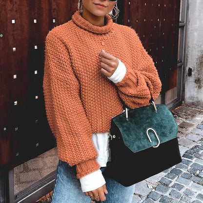 Women's Orange Turtle Neck Sweater for Winter Casual