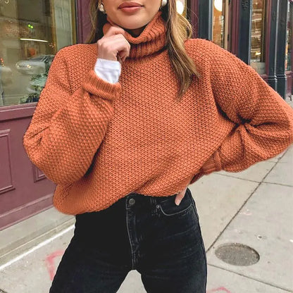 Women's Orange Turtle Neck Sweater for Winter Casual