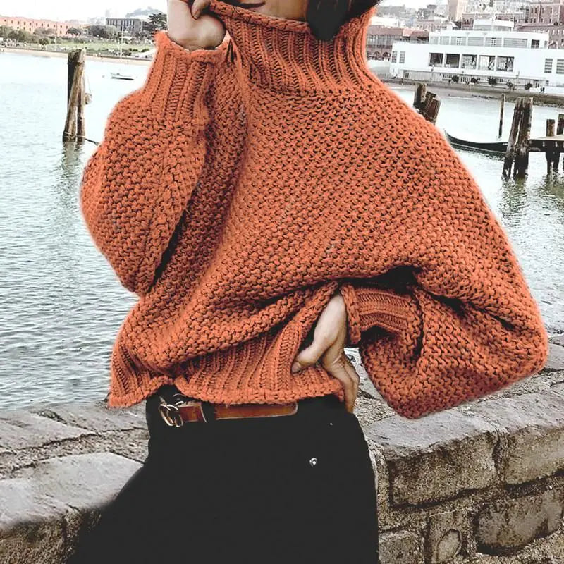 Women's Orange Turtle Neck Sweater for Winter Casual